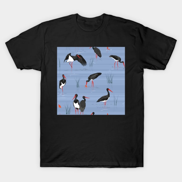 Black stork, gold fish T-Shirt by kobyakov